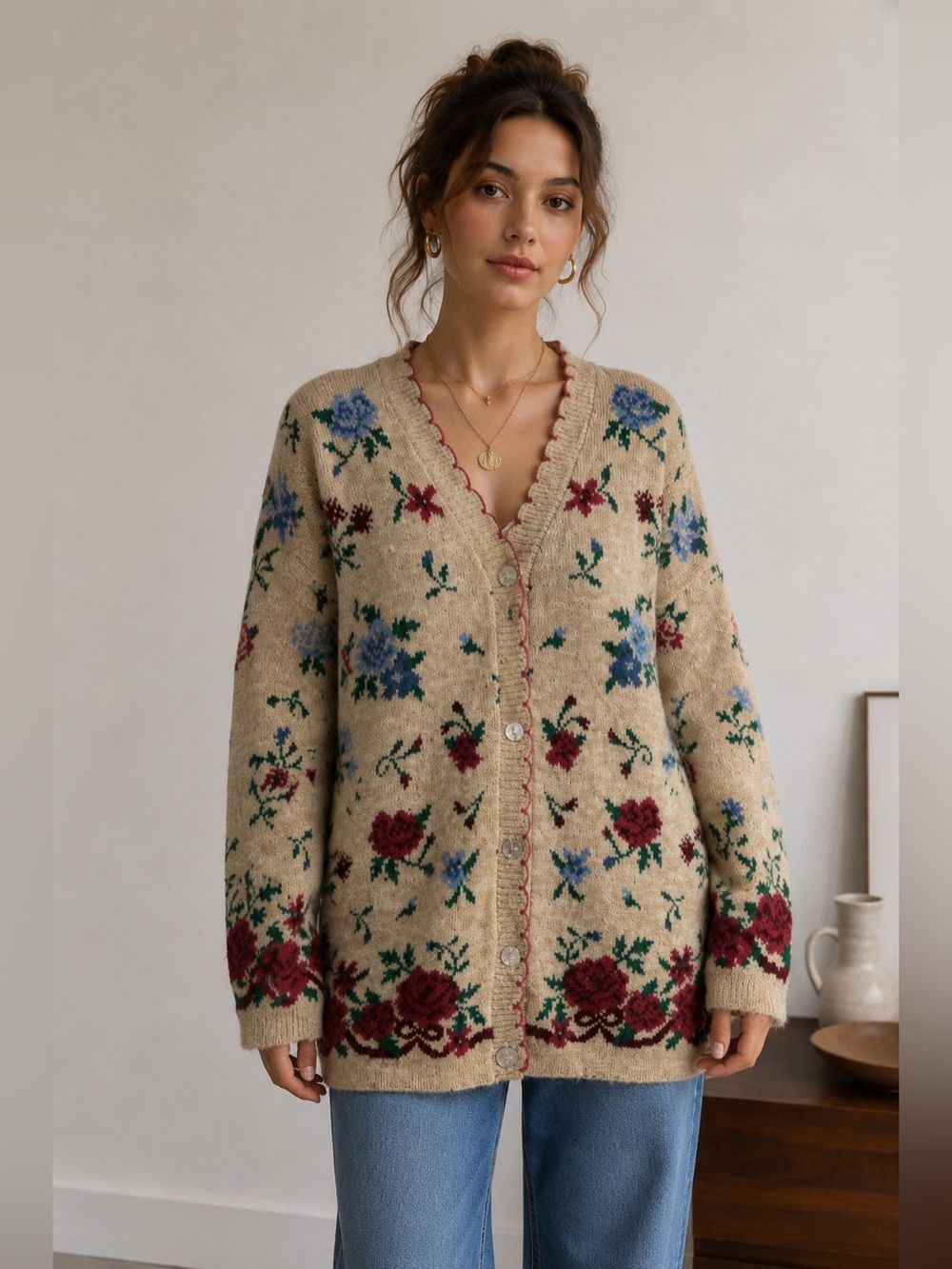 Rare VNG Basic Edition Vintage Knit Floral Pattern Cardigan Vneck Sz S Oversized